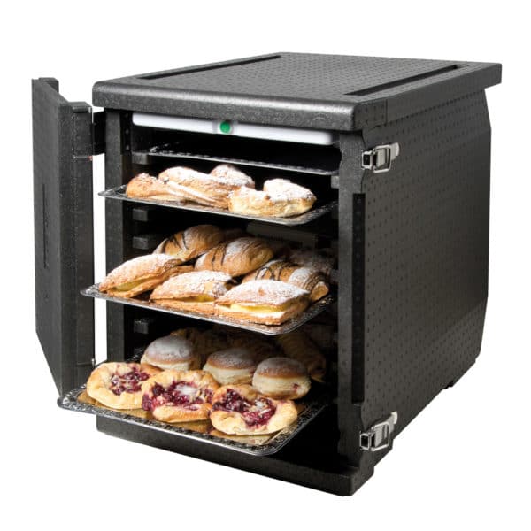 Contenitore isotermico da 146 litri con prodotti da forno all'interno